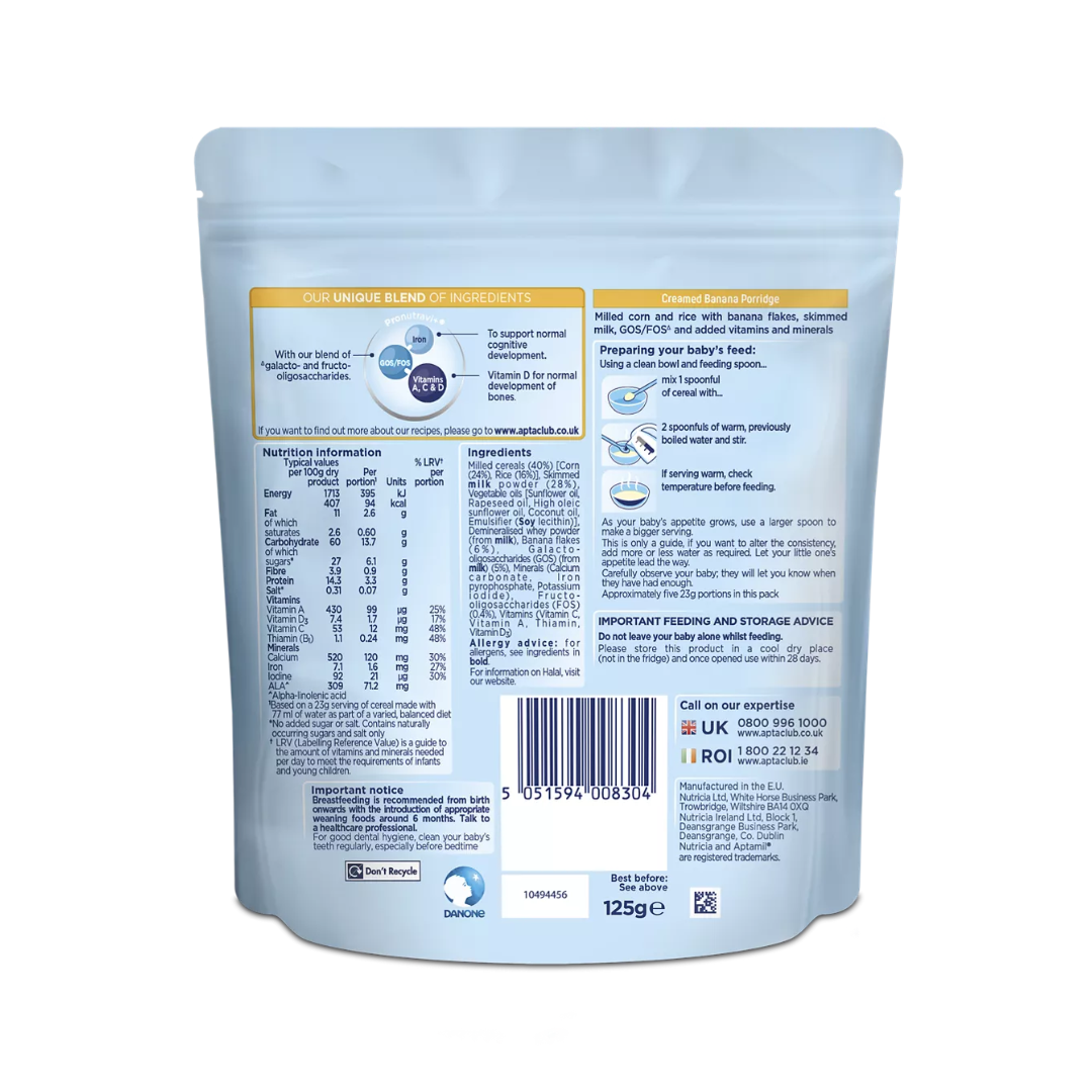 Aptamil Creamed Banana Porridge Baby Cereal 4-6+ Months 125g