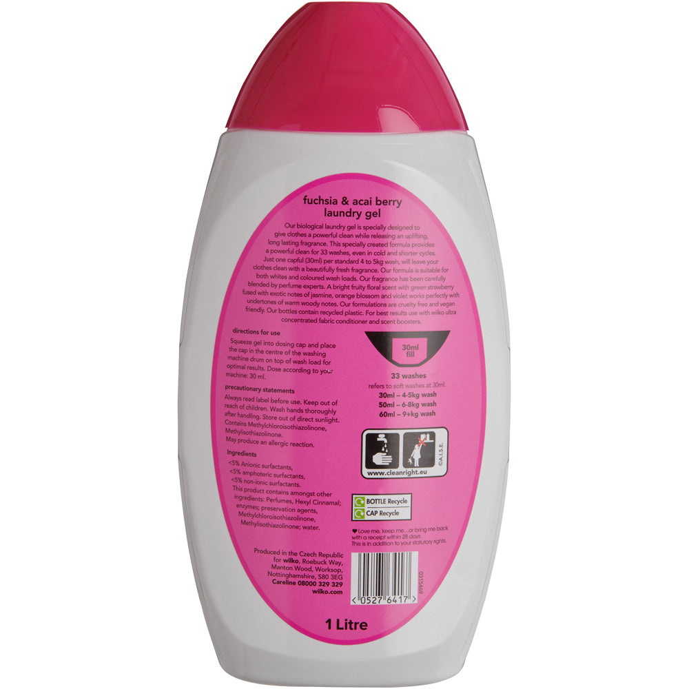 Wilko Biological Fuchsia and Acai Berry Laundry Gel 33 Washes 1L