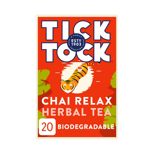 Tick Tock Chai Relax Cinnamon, Ginger,Cardamom, Rooibos & Natural Vanilla Naturally Caffeine Free 20 Bags 36g